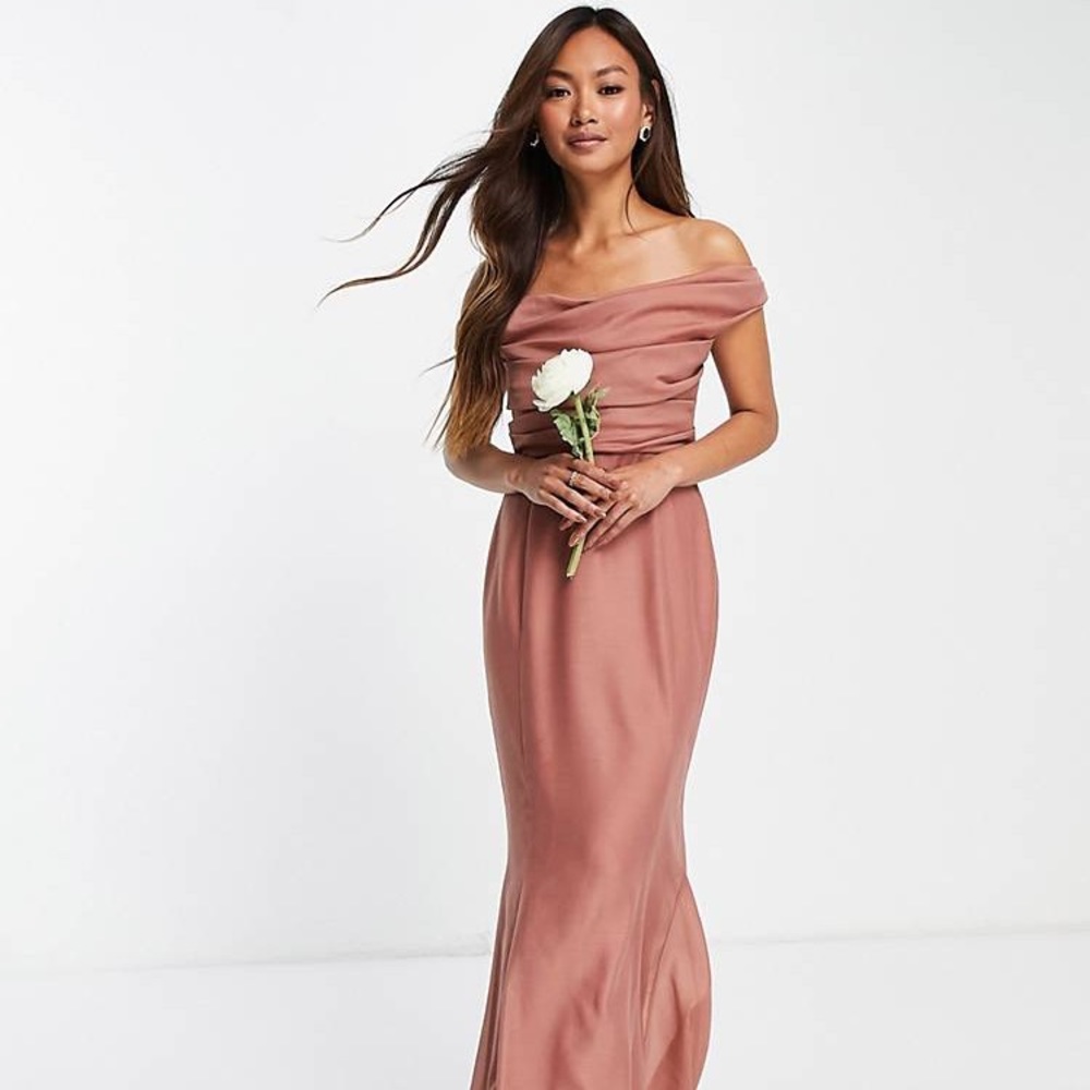 ASOS DESIGN Bridesmaid off shoulder maxi dress with corset detail